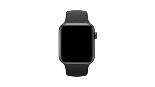 Modern smartwatch with black strap and blank display, png, isolated on transparent background, perfect for design and marketing, top view, flat lay