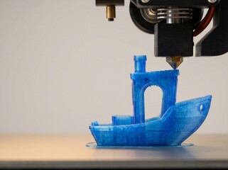 3D printer hotend extruding translucent blue filament, building a Benchy boat model on the heated print bed, showcasing additive manufacturing technology.