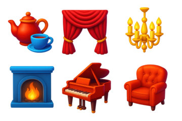 Set of six icons for home decor, including a fireplace, a piano, a chair, a lamp, a teapot, and a cup