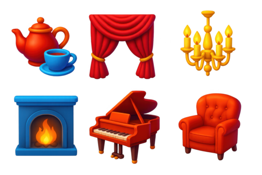 Set of six icons for home decor, including a fireplace, a piano, a chair, a lamp, a teapot, and a cup