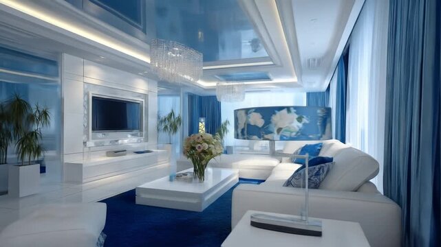 Modern living room interior design white and blue color scheme