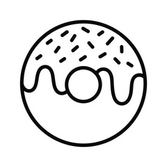 Simple black and white outline illustration of a frosted donut with sprinkles