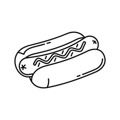 Simple black and white line drawing illustration of a classic hot dog with mustard in a bun