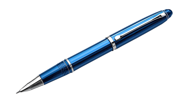 blue ballpoint pen with metallic highlights, png, isolated on transparent background, perfect for design and marketing