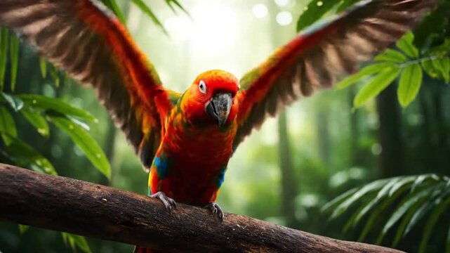 Colorful parrot spreading wings while perched on branch in jungle  