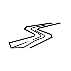 Stylized black and white drawing of a winding road or path with a sense of movement