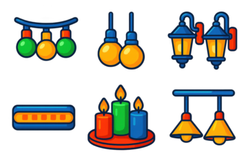 Set of Christmas lights and candles are shown in a variety of colors. The candles are lit and the lights are hanging from the ceiling. Scene is festive and warm