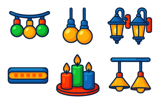 Set of Christmas lights and candles are shown in a variety of colors. The candles are lit and the lights are hanging from the ceiling. Scene is festive and warm