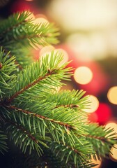 Obraz premium Vintage Festive Glow with Abstract Bokeh Lights Framing Close-Up Pine Branches