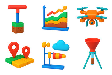 Set of six colorful 3D objects, including a drone, a red funnel, and a blue weather vane