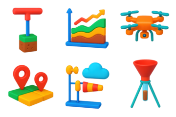 Set of six colorful 3D objects, including a drone, a red funnel, and a blue weather vane