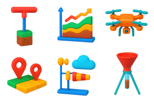 Set of six colorful 3D objects, including a drone, a red funnel, and a blue weather vane