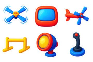 Set of cartoonish icons for various toys and games, including a remote control, a joystick, a video game controller, a toy airplane, a toy helicopter, and a toy TV