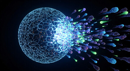 Dynamic digital data sphere erupting with vibrant energetic particles, symbolizing innovation and future growth in technology.
