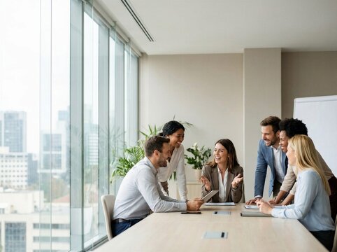 Diverse business team laughing, collaborating, and discussing in a bright modern office conference room with cityscape. - Powered by Adobe