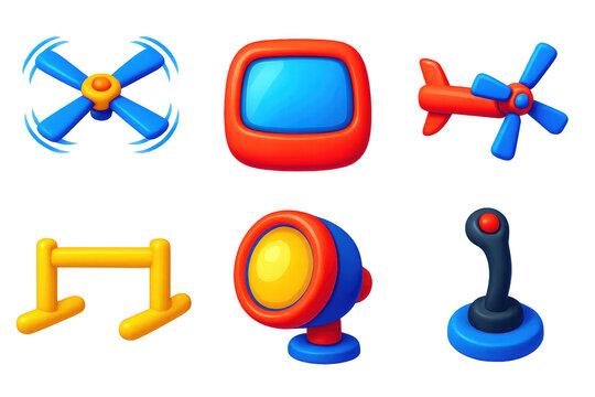 Set of cartoonish icons for various toys and games, including a remote control, a joystick, a video game controller, a toy airplane, a toy helicopter, and a toy TV
