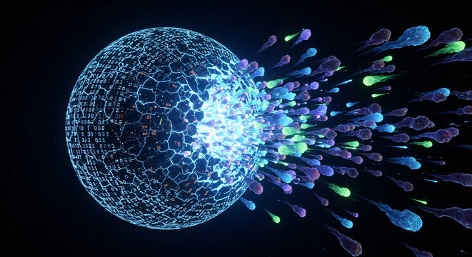 Dynamic digital data sphere erupting with vibrant energetic particles, symbolizing innovation and future growth in technology.