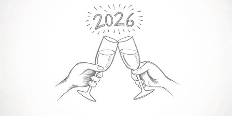 2026 New Year's toast illustration. Two hands holding champagne flutes clinking in a minimalist, black and white sketch style.
