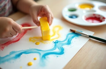 Naklejka premium Child learns by painting with ice colors. Kid holds yellow ice paint cube with stick on paper. Red, blue, yellow pigments melt, creating artwork. Small hands enjoy creative sensory art activity for
