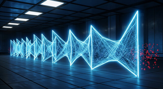 Dynamic glowing abstract network barrier repelling microscopic viral threats in futuristic dark corridor