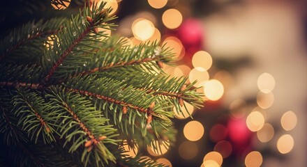 Obraz premium Vintage Festive Glow with Abstract Bokeh Lights Framing Close-Up Pine Branches