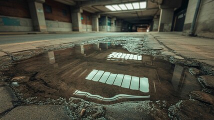 Fototapeta premium Gritty Close-up of Puddle Reflecting Light in a City Underpass