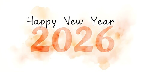 Happy New Year 2026 text in a soft, artistic watercolor style with light orange and peach tones on a clean white background.