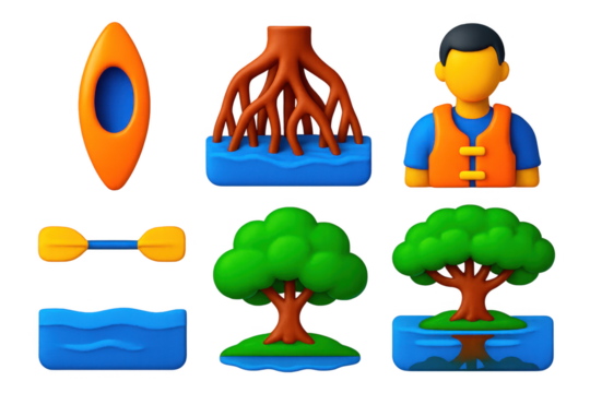 Man in a life vest is shown paddling a kayak in a river. The image is a collection of different elements, including a canoe, a tree, and a person in a life vest