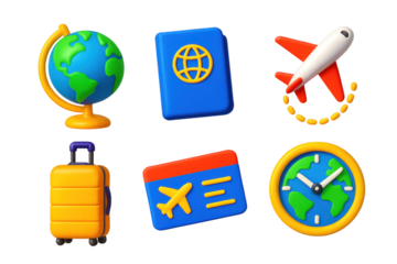 Variety of travel-related items, including a suitcase, a passport, an airplane, and a clock. Scene is that of a traveler preparing for a trip