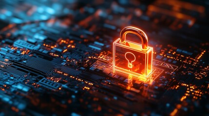 Secure digital network protection concept with glowing padlock overlaying intricate circuit board patterns emitting warm orange and cool blue light