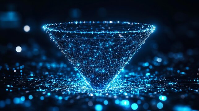 Dynamic digital network funnel processing glowing blue data streams in abstract futuristic technology concept - Powered by Adobe