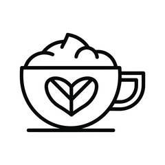 Simple line art icon of a coffee cup with heart design and whipped cream