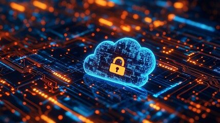 Digital cloud security icon with padlock symbolizing data protection and cybersecurity on a glowing circuit board background