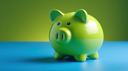 A shiny green piggy bank sits on a vibrant blue tabletop representing dreams of savings and prosperity.