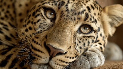 Obraz premium A leopard reclines comfortably its striking spots and intense eyes captivating viewers in a serene moment.