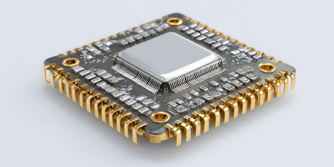 A highly detailed computer chip isolated against a white backdrop.