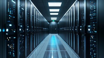 Vast futuristic data center hallway with rows of glowing servers creating a powerful, high-tech atmosphere for innovation and digital infrastructure concepts.