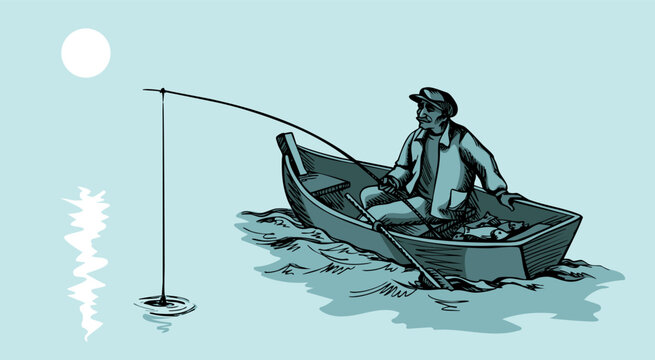 Vector drawing. Fisherman in the boat