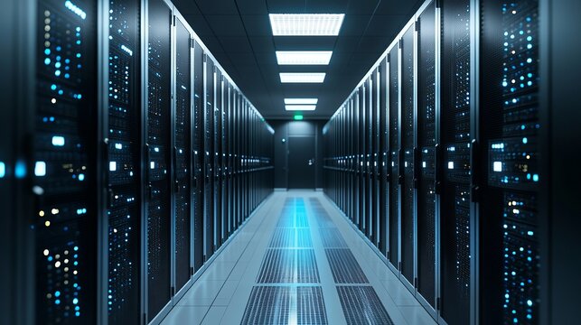 Vast futuristic data center hallway with rows of glowing servers creating a powerful, high-tech atmosphere for innovation and digital infrastructure concepts.