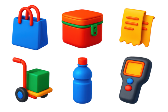 Set of six colorful objects, including a shopping bag, a box, a bottle, a tray, a wallet, and a remote control