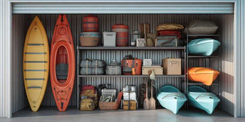 Kayaks and camping gear stored inside a storage unit.