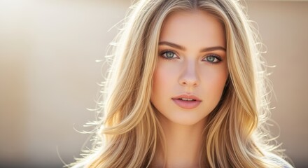 Close-up portrait of a young woman with long blonde hair and captivating blue eyes. Soft natural lighting creates a warm glow. Perfect for beauty, fashion, and lifestyle projects.