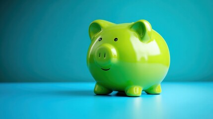 Fototapeta premium This cheerful green piggy bank brings a sense of joy while resting on a vibrant turquoise surface.