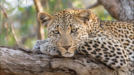 Fototapeta premium A leopard relaxes on a tree branch its golden coat sparkling in the soft morning light.