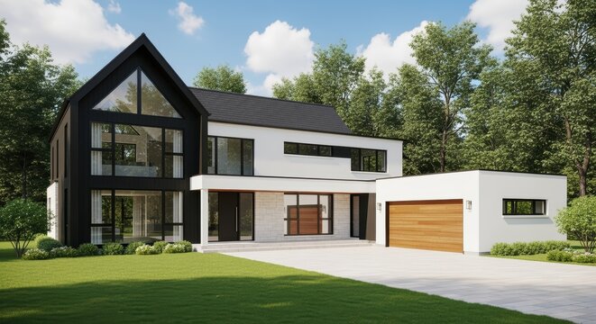 Contemporary two-story home with white and black exterior, surrounded by greenery and a driveway leading to a detached garage. Large windows, prominent entrance, and well-designed architectural style.