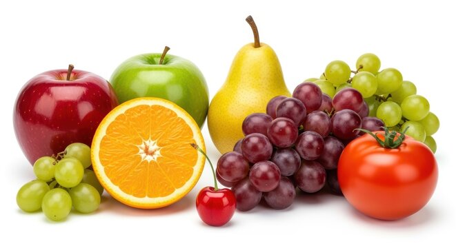 A vibrant assortment of fresh fruits, including red apples, green apples, a pear, an orange slice, grapes, and a tomato, arranged on a white background.