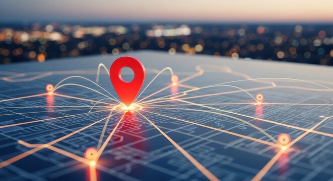 Night cityscape with navigation pin on map overlay, suggesting urban tech and transport.