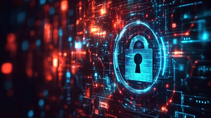 Stunning digital padlock glows brightly symbolizing secure data protection and futuristic cybersecurity in a vibrant network