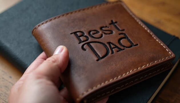 Man holds brown leather wallet with Best Dad engraving. Quality bifold accessory for fathers, special gift for Father Day. Elegant, durable, functional, and sentimental. - Powered by Adobe