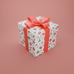 A white box with a red bow and a green and red pattern